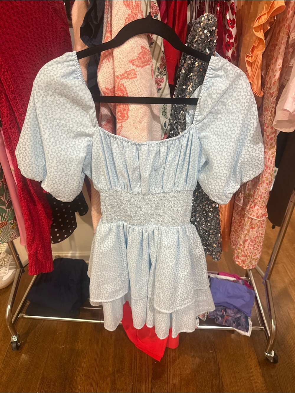 Lulu's Light Blue Floral Smocked Waist Puff Sleeve Mini Dress